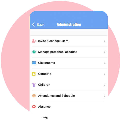 TYRA administration menu with users, classrooms and attendance