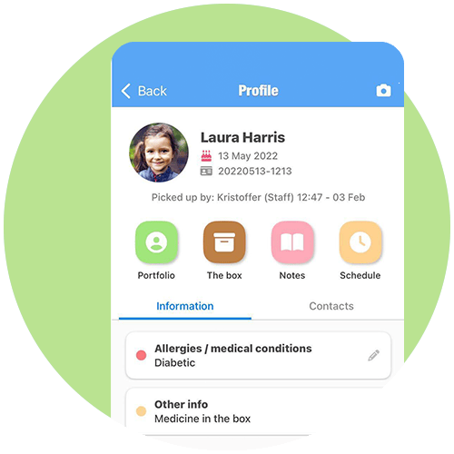 Child profile with portfolio, notes and allergy information
