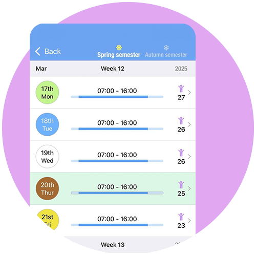 Mobile screen showing a weekly schedule in the TYRA app